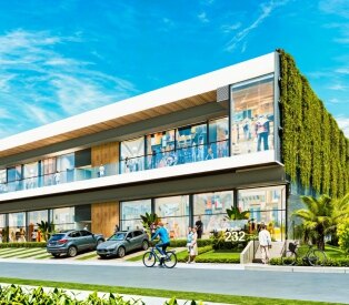 Perspectiva de centro comercial com fachada verde