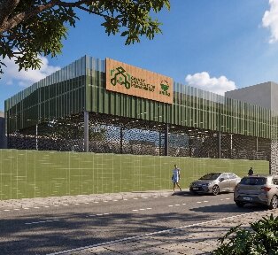 Perspectiva de empreendimento comercial com fachada verde